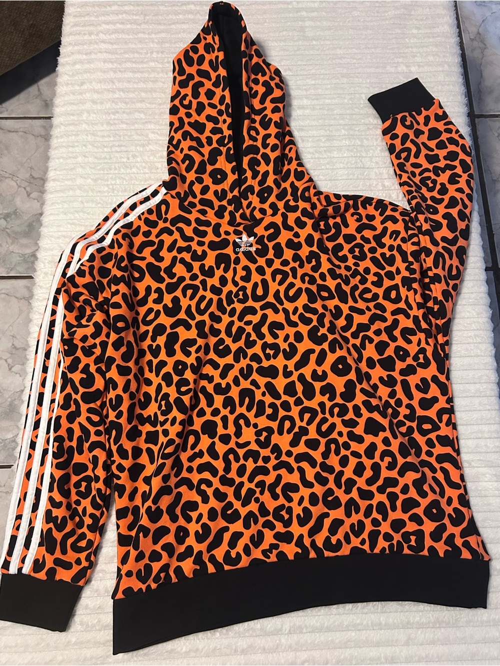 Adidas Men’s Rich Mnisi Orange and Black Leopard Print Hoodie Size M